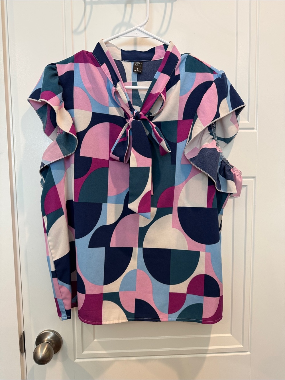 City Chic Geometric Tie-Neck Ruffle Blouse - Multi Pink & Blue